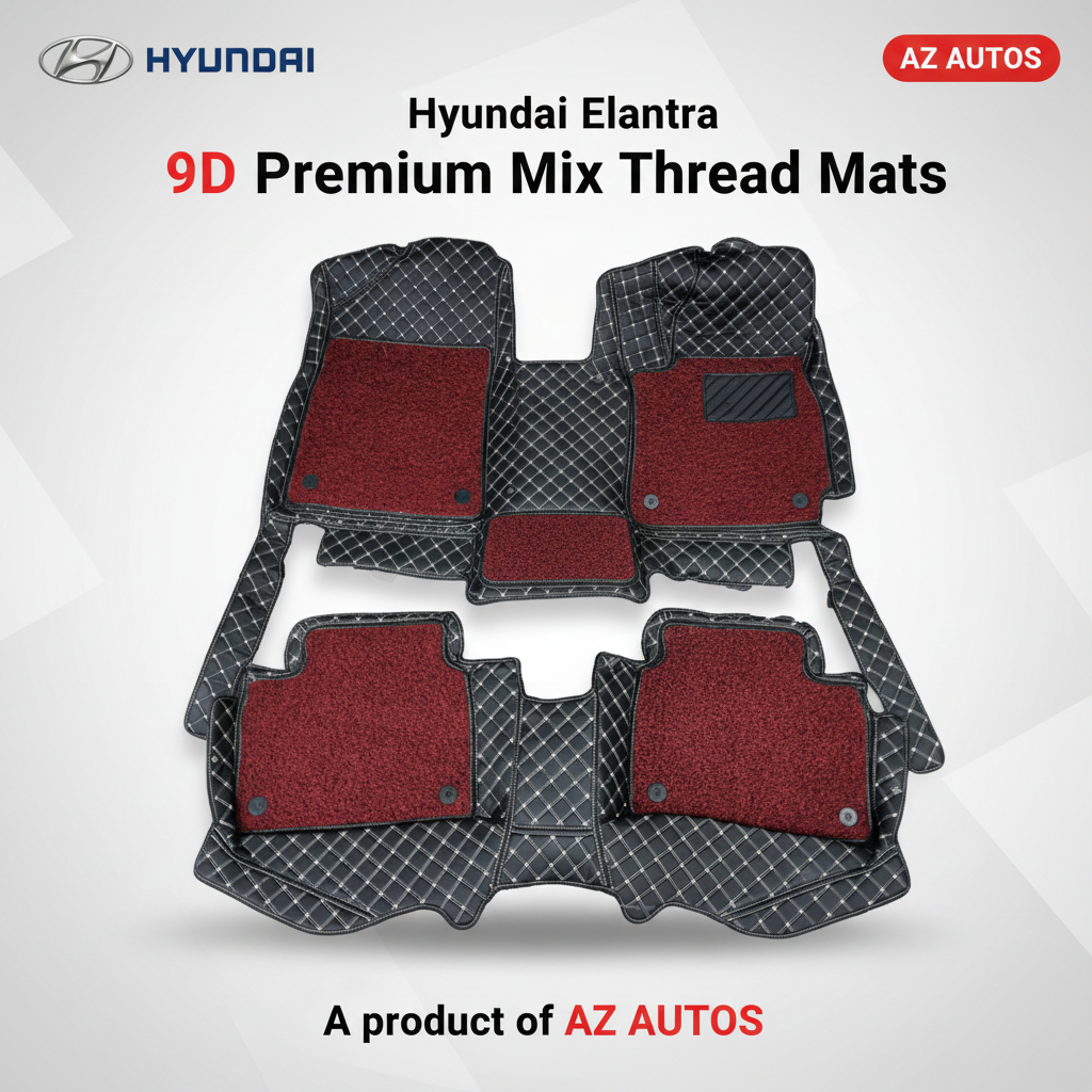 Hyundai Elantra 9D Floor Mats Mix Thread Grass 3 Pcs - Model 2021-2024 - Black With Red