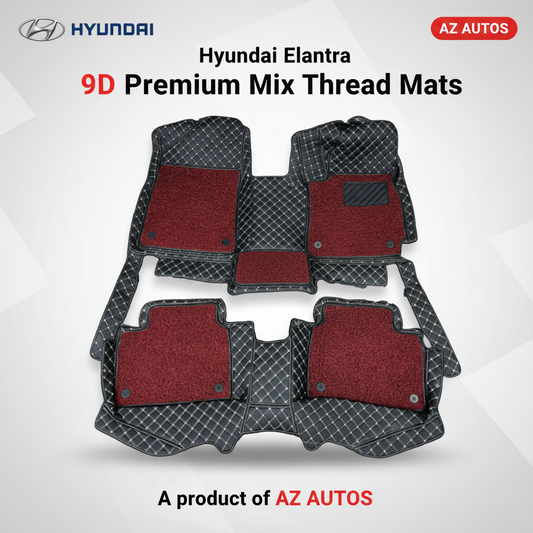 Hyundai Elantra 9D Floor Mats Mix Thread Grass 3 Pcs - Model 2021-2024 - Black With Red