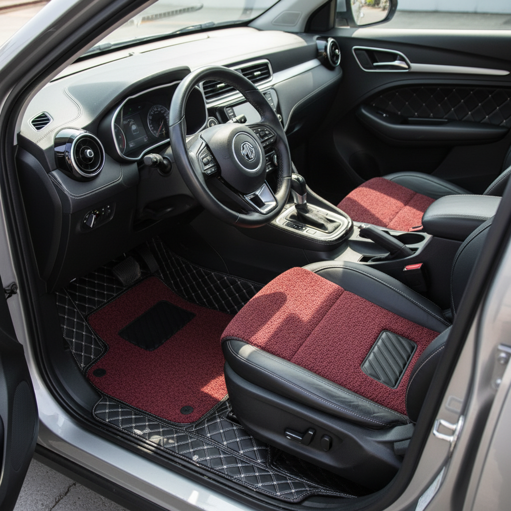 Hyundai Elantra 9D Floor Mats Mix Thread Grass 3 Pcs - Model 2021-2024 - Black With Red