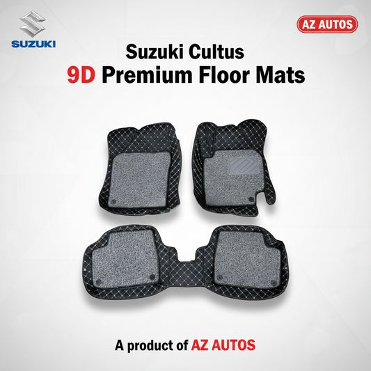 Suzuki Cultus 9D Floor Mats Mix Thread - Model 2017-2022 - Black With Grey Grass