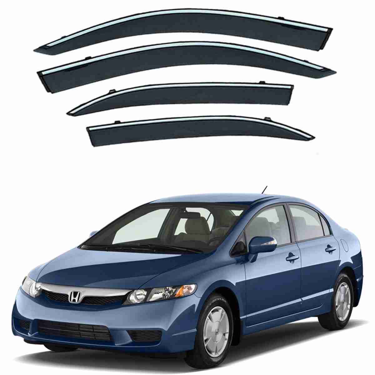Honda Civic 2007 to 2012 – Black Tinted Chrome Trim Air Press – Door Window Visor – Vent Shade – Sun Guard