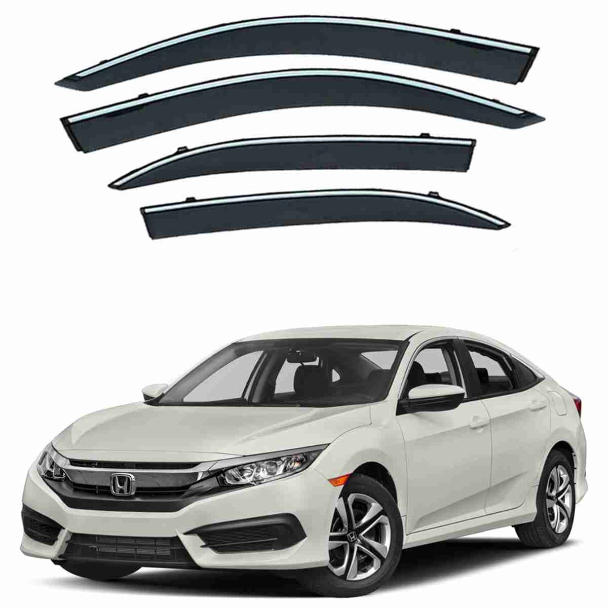 Honda Civic 2016 to 2020 – Black Tinted Chrome Trim Air Press – Door Window Visor – Vent Shade – Sun Guard