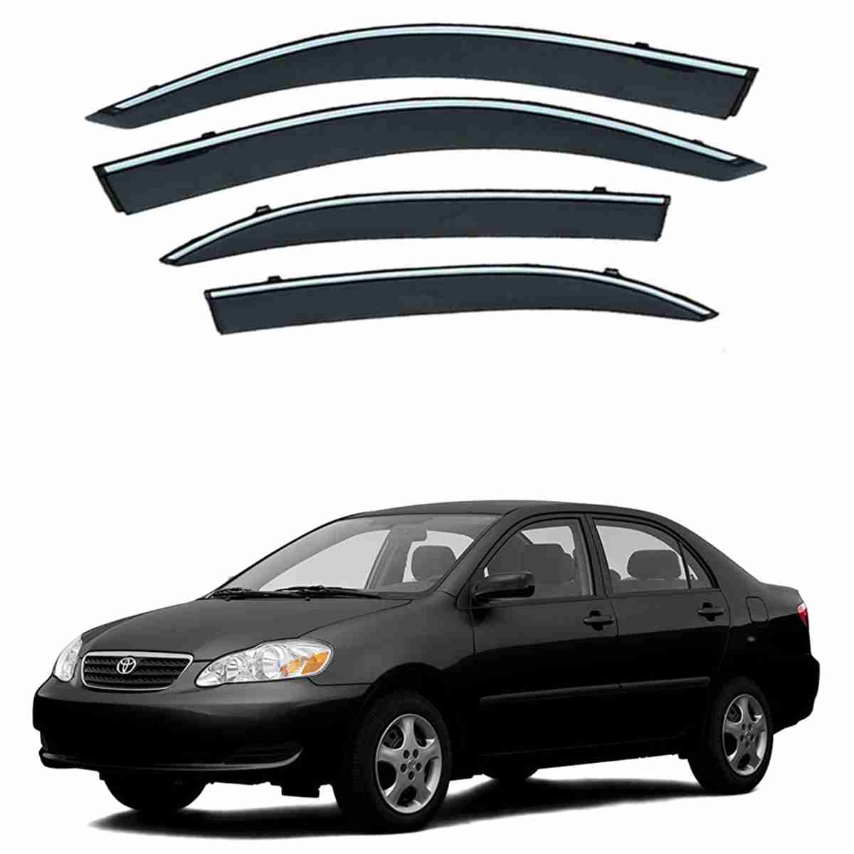 Toyota Corolla 2002 to 2008 – Black Tinted Chrome Trim Air Press – Door Window Visor – Vent Shade – Sun Guard