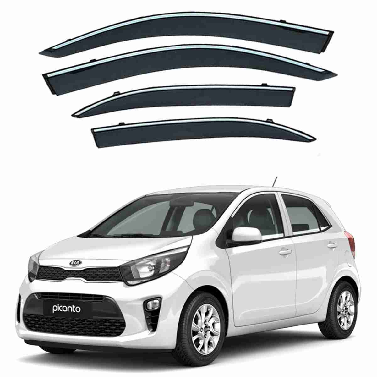 KIA Picanto 2019 to 2020 – Black Tinted Chrome Trim Air Press – Door Window Visor – Vent Shade – Sun Guard